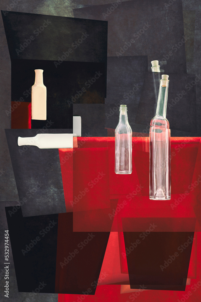 Decorative abstract still life with bottles. Stylization.