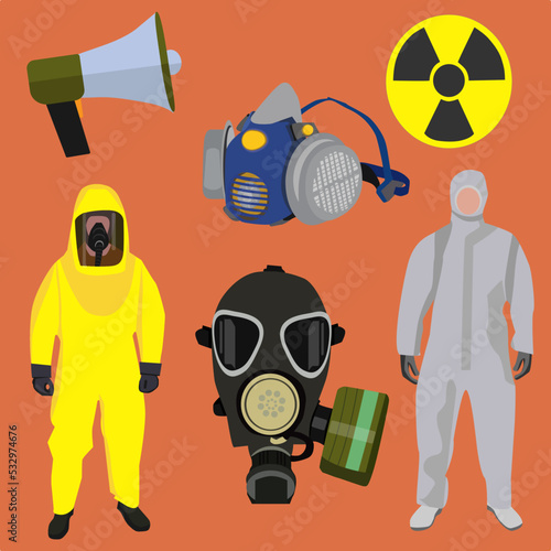 Personal protective equipment against radiation. Set with protective suit, megaphone, radiation sign, gas masks. Isolated elements vector illustration