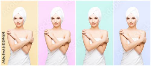 Young, beautiful and natural woman wrapped in towel. Set collection.