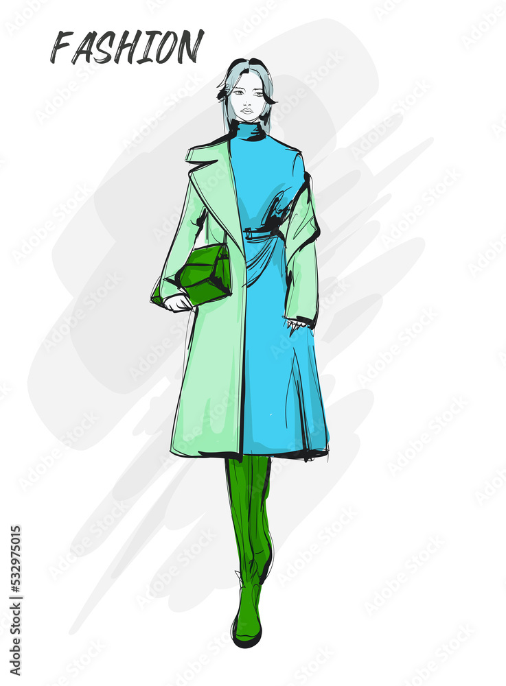 Young beautiful woman in autumn clothes. Sale concept. Hand-drawn fashion illustration Young beautiful woman in autumn clothes. Sale concept. Hand-drawn fashion illustration