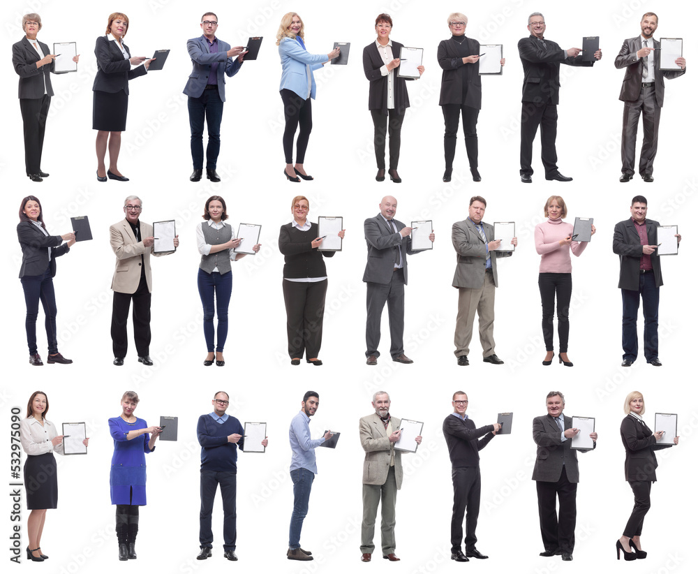 group of successful people with notepad in hands isolated group of successful people with notepad in hands isolated