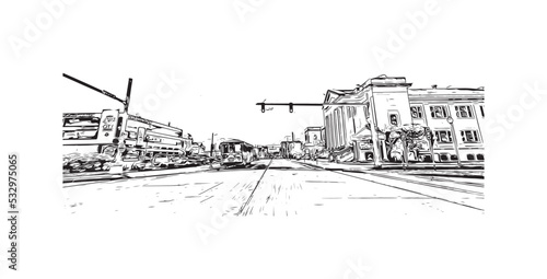 Building view with landmark of Owensboro is the 
city in Kentucky. Hand drawn sketch illustration in vector.