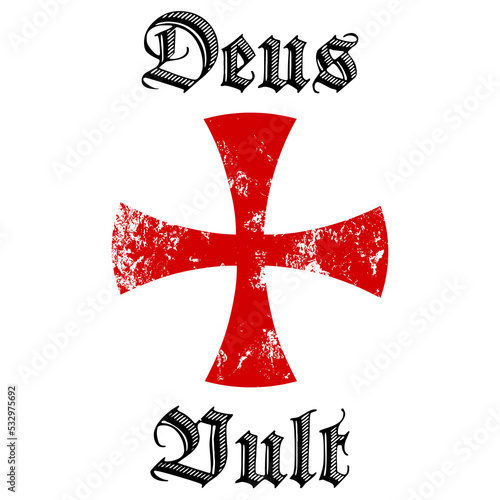 Deus vult. A Christian motto relating to Divine providence. It was first chanted by Catholics during the First Crusade in 1096. Grunge templar red cross. Knights crusader symbol. Vector illustration. photo