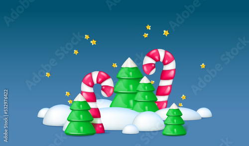 Winter holiday landscape with Christmas trees and candy canes in snowdrifts