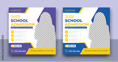 Admission social media post banner template, Back to school admission promotion social media post template design, education advertisement. Editable Vector formate