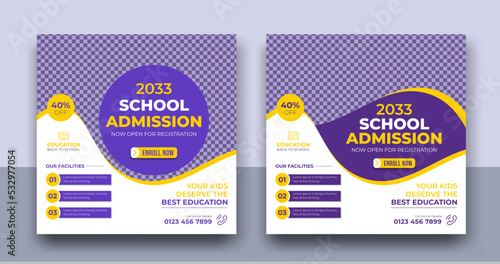 Admission social media post banner template, Back to school admission promotion banner. school admission template for social media ad. Editable Vector formate