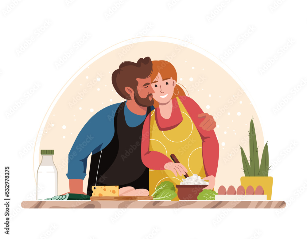 Happy man kiss her wife while cooking dinner in kitchen vector flat illustration. Man and woman preparing homemade meals on white. Smiling people family serving table, dining together, converting food Happy man kiss her wife while cooking dinner in kitchen vector flat illustration. Man and woman preparing homemade meals on white. Smiling people family serving table, dining together, converting food