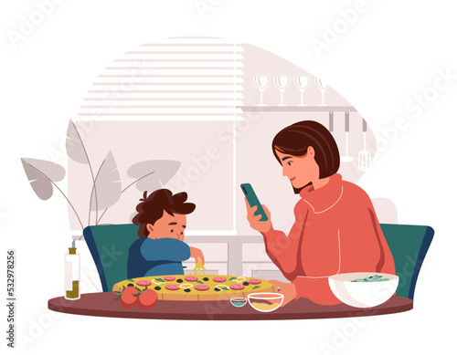 Child helps mom cook pizza and she takes a picture of him. Happy family cooking dinner together vector flat illustration. Parents and child making pizza on white. Mother and son spend time at home.