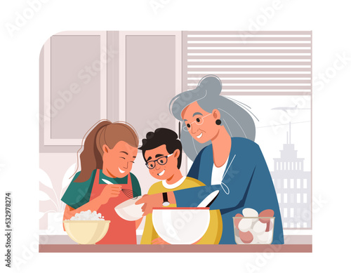 Grandmother spending time with grandchildren and cooking dinner together in kitchen vector flat illustration. Happy grandparents and children bake cookies and cakes, prepare food dinner on white.
