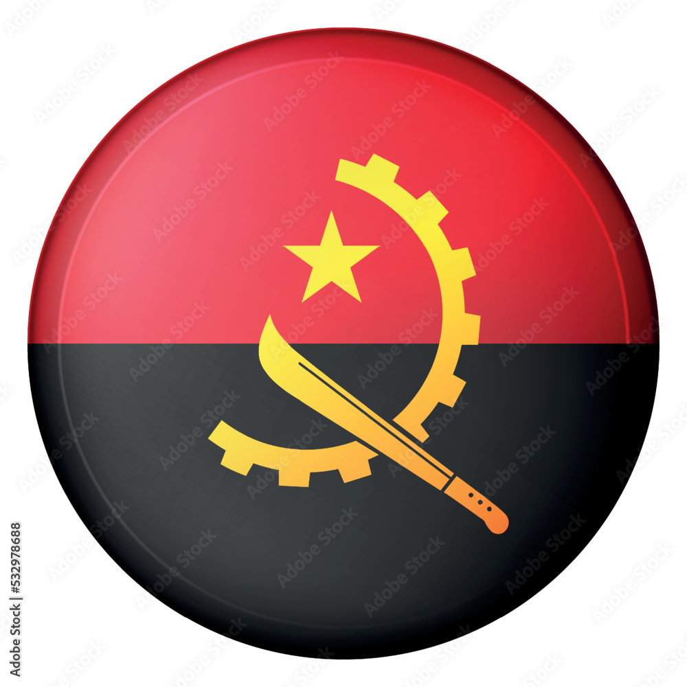 Round icon with flag of Angola. Glass light ball, sticker, sphere. Angolan national symbol. Glossy realistic ball, 3D abstract vector illustration. Template big bubble Round icon with flag of Angola. Glass light ball, sticker, sphere. Angolan national symbol. Glossy realistic ball, 3D abstract vector illustration. Template big bubble