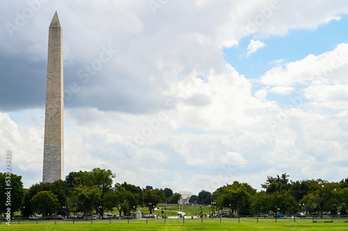 View of the National Mall in Washington DC with the Washington Monument on the left and the Jeffersion Memorial in the rear center.