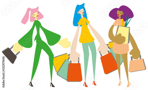 Set of shopping cartoon young beautiful girls of different nationalities in beautiful clothes, with bright makeup and handbag. Modern vector illustration. You can add text or ads. For Sale, shopping.