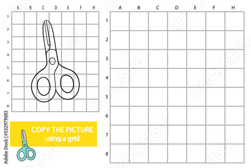 Vector illustration of grid copy picture educational puzzle game with doodle scissor