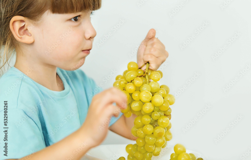 Cute little girl eating green grapes sitting at a table on a white background.A lovely four-year-old girl in a blue T-shirt holds a bunch of yellow grapes in her hands.A Child Eats Grapes From A Bowl Cute little girl eating green grapes sitting at a table on a white background.A lovely four-year-old girl in a blue T-shirt holds a bunch of yellow grapes in her hands.A Child Eats Grapes From A Bowl
