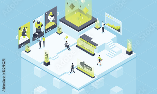 Non-Fungible NFT marketplace, isometric illustration items non-fungible tokens NFTs