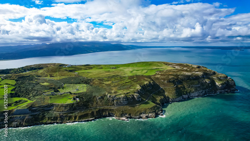 The Great Orme and Llandudno, North Wales, UK. Aerial views of the Welsh landscape from the Great Orme. View of the Great Orme and Conwy Estuary from the air.