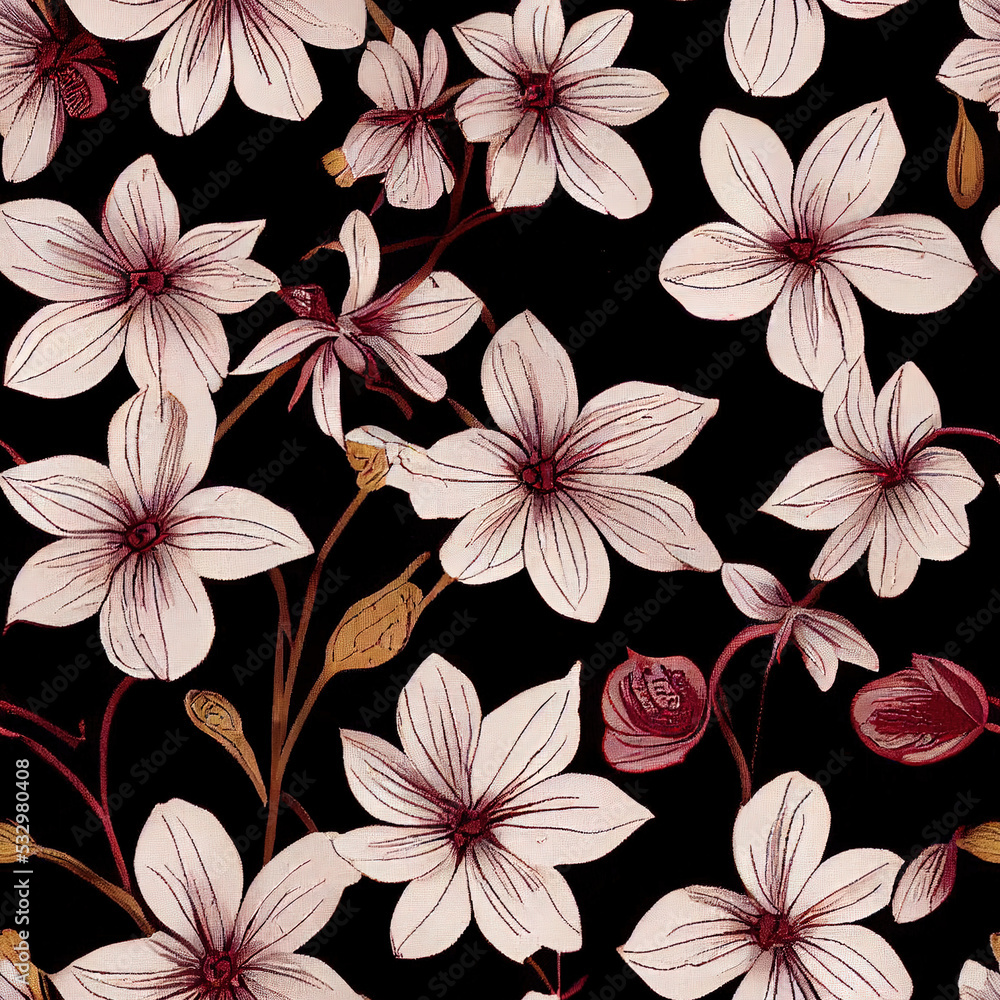 Fabric repeating pattern of dark burgundy colored wild flowers for a wall paper or fabric Fabric repeating pattern of dark burgundy colored wild flowers for a wall paper or fabric
