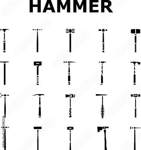 hammer tool construction icons set vector. carpentry wood, equipment work, metal repair, mallet carpenter court, hand steel hammer tool construction glyph pictogram Illustrations