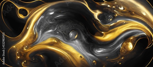 Spectacular image of black and golden liquid ink churning together, with a realistic texture and great quality for abstract concept. Digital art 3D illustration.