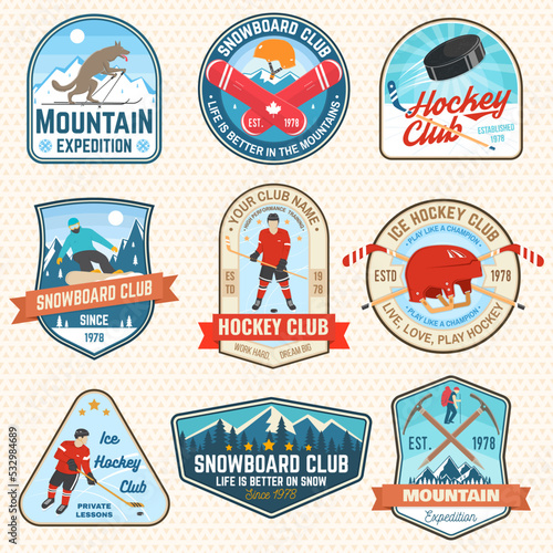 Set of Ice Hockey and snowboard club patch. Vector. Concept for badge, print, stamp or tee. Vintage typography design with snowboarder, skier rides, ice hockey player, sticker, puck. Outdoors