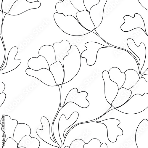 Seamless floral pattern silhouette art line ornaments. Black and white background with flowers. Vector illustration. Simple minimalistic pattern. Contour graphics for invitation, card, textile, fabric