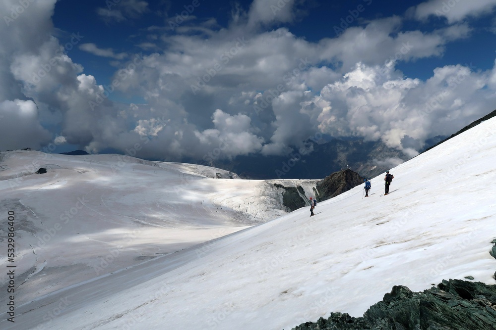 Fototapeta premium Multi day summer expedition through some glaciers in the alps. On the Monterosa massif starting from Zermatt and summiting multiple 4000m mountains