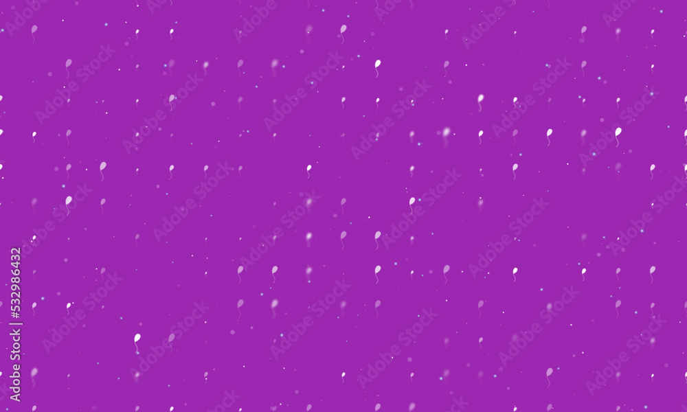 Seamless background pattern of evenly spaced white balloon symbols of different sizes and opacity. Vector illustration on purple background with stars