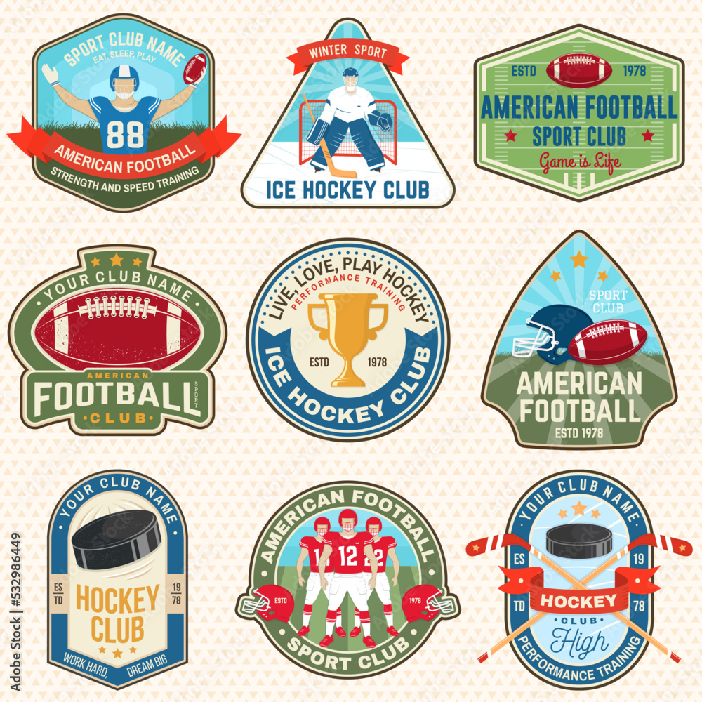 Ice Hockey and american football or rugby club logo, badge embroidered patch. Sport sticker pack with american football sportsman, ice hockey player, ball, sticker, puck and skates silhouette. Vector.