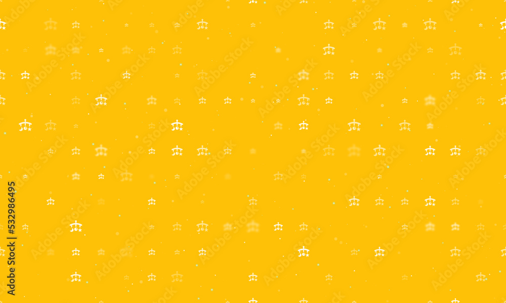 Seamless background pattern of evenly spaced white baby mobiles of different sizes and opacity. Vector illustration on amber background with stars Seamless background pattern of evenly spaced white baby mobiles of different sizes and opacity. Vector illustration on amber background with stars