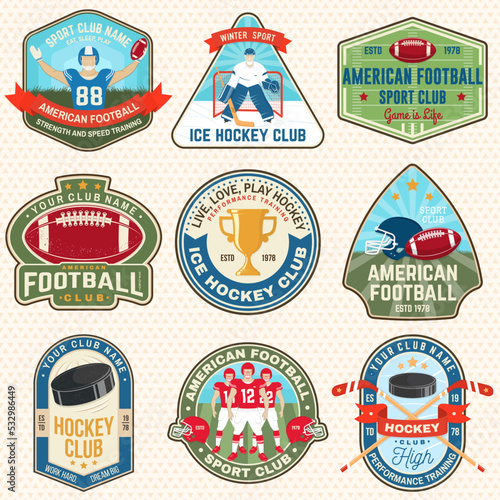 Ice Hockey and american football or rugby club logo, badge embroidered patch. Sport sticker pack with american football sportsman, ice hockey player, ball, sticker, puck and skates silhouette. Vector.