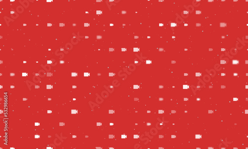 Seamless background pattern of evenly spaced white video camera symbols of different sizes and opacity. Vector illustration on red background with stars