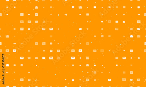 Seamless background pattern of evenly spaced white email symbols of different sizes and opacity. Vector illustration on orange background with stars