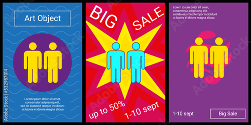 Trendy retro posters for organizing sales and other events. Large man with man symbol in the center of each poster. Vector illustration on black background