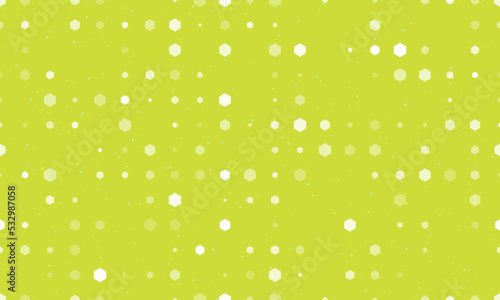 Seamless background pattern of evenly spaced white hexagon symbols of different sizes and opacity. Vector illustration on lime background with stars