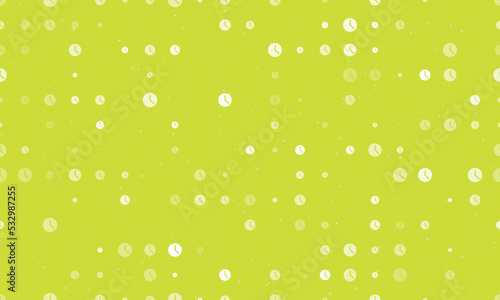 Seamless background pattern of evenly spaced white time symbols of different sizes and opacity. Vector illustration on lime background with stars