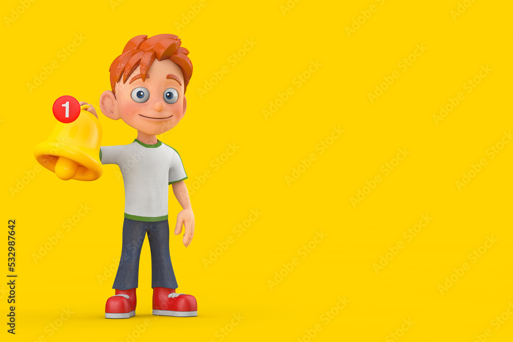 Cartoon Little Boy Teen Person Character Mascot witn Cartoon Social Media Notification Bell and New Message Icon. 3d Rendering