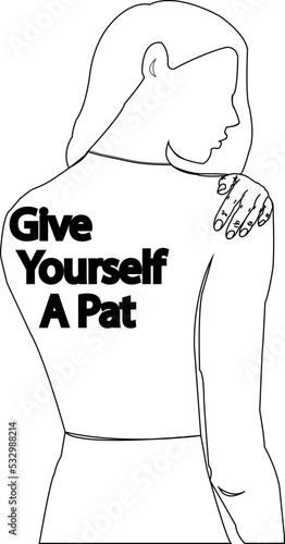 illustration of a sketch of a woman patting her own shoulder. Selft reminder and mental health vector