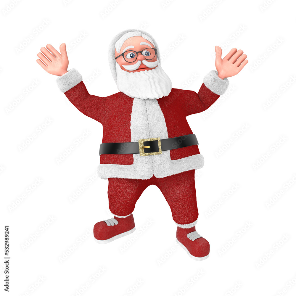 Happy Christmas and New Year Greeting Concept. Cartoon Cheerful Santa Claus Granpa in Jump Up Pose. 3d Rendering Happy Christmas and New Year Greeting Concept. Cartoon Cheerful Santa Claus Granpa in Jump Up Pose. 3d Rendering