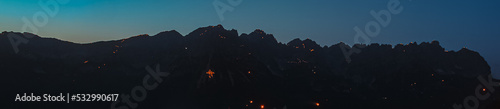 Konstfotografi Summer solstice mountain fires 2022 at the famous Hartkaiser summit, Ellmau, Wil