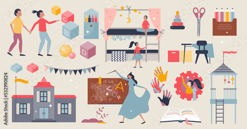 Kindergarten set with child playing and nursery center tiny person collection. Elements for childhood preschool lifestyle with children friends, classroom with chalkboard and toys vector illustration.