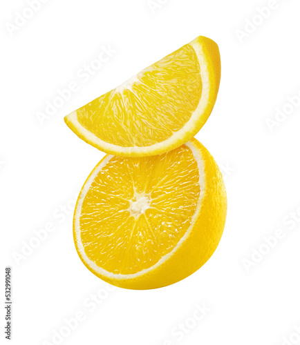 One lemon half and juicy slice on top of it isolated on transparent background. Fruit composition. Citrus juice concept. Element for cosmetics or sweet drinks packaging design. Diet food. Vitamin C.