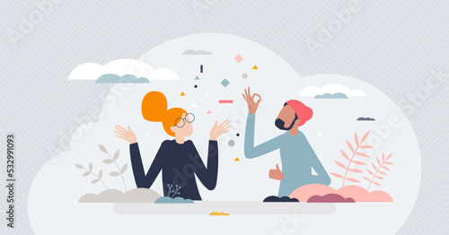 Nonverbal communication with body language expression tiny person concept. Signs and gestures as feelings and emotions physical representation vector illustration. Italian style hand gesturing culture photo
