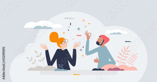 Nonverbal communication with body language expression tiny person concept. Signs and gestures as feelings and emotions physical representation vector illustration. Italian style hand gesturing culture