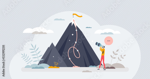 Reaching goals and successful top target achievement tiny person concept. Business challenge accomplishment with determination, ambitions and motivation vector illustration. Aim high and get to peak.
