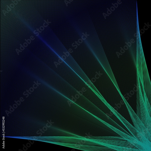 A radiating design of gradient green-blue lines on black, emanating from the lower right