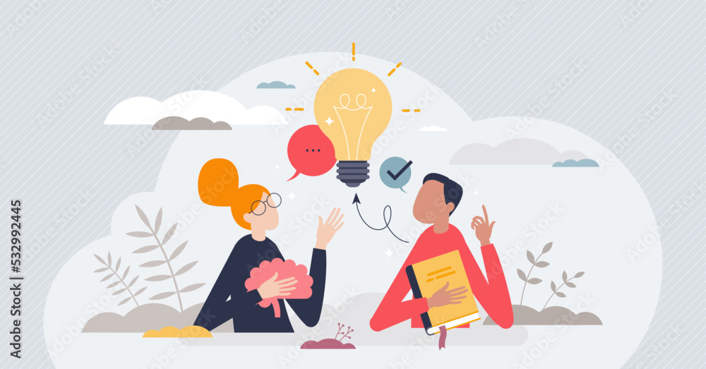 Youth education at studies and smart knowledge learning tiny person concept. Mental brain skills development with intelligence training vector illustration. Student brainstorming and startup idea.