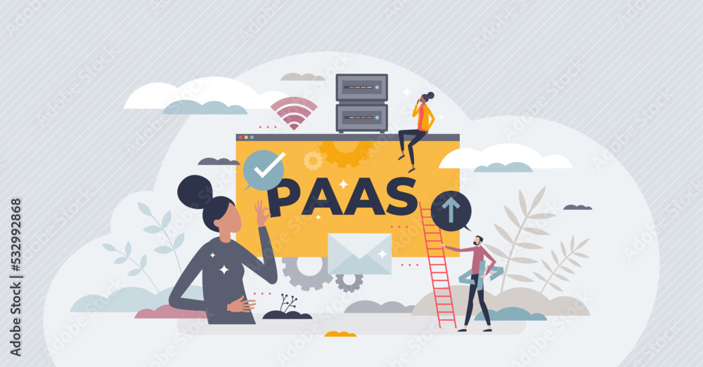 PAAS or platform as service model for software hosting tiny person concept. Cloud computing support with digital systems, apps or applications support on demand vector illustration. Digital hosting.