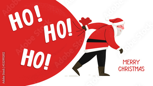 Santa Clause holding huge Christmas bag sack. Drawing Merry Xmas lettering Ho-Ho-Ho. Merry Christmas.