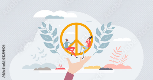 Nonviolence, peace and humanity friendship symbols tiny person concept. Unity for global freedom without wars vector illustration. Social and ethnic diversity tolerance with peaceful world for all.