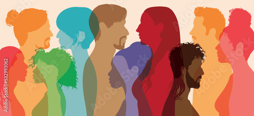 Multiple exposure, Conference or debate. Discussion or comparison between friends in the crowd. People profile dialogue. Group of isolated people talking in coloured flat cartoons.